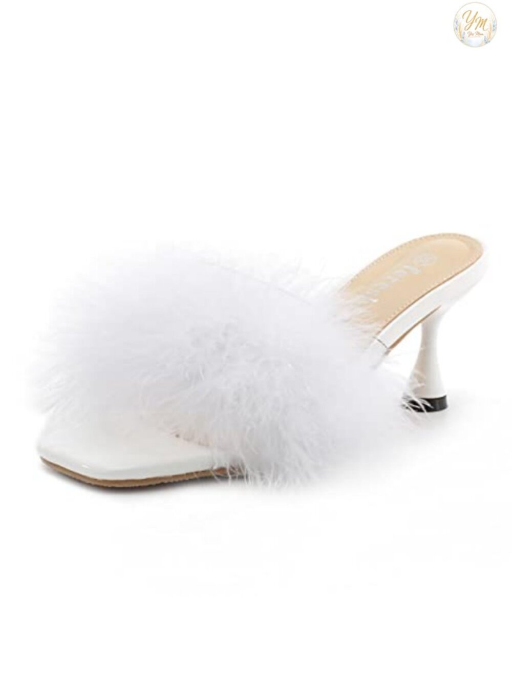 Women's Feather Mule Sandals Kitten Heel Square Open Toe Slip On Faux Fur Clear